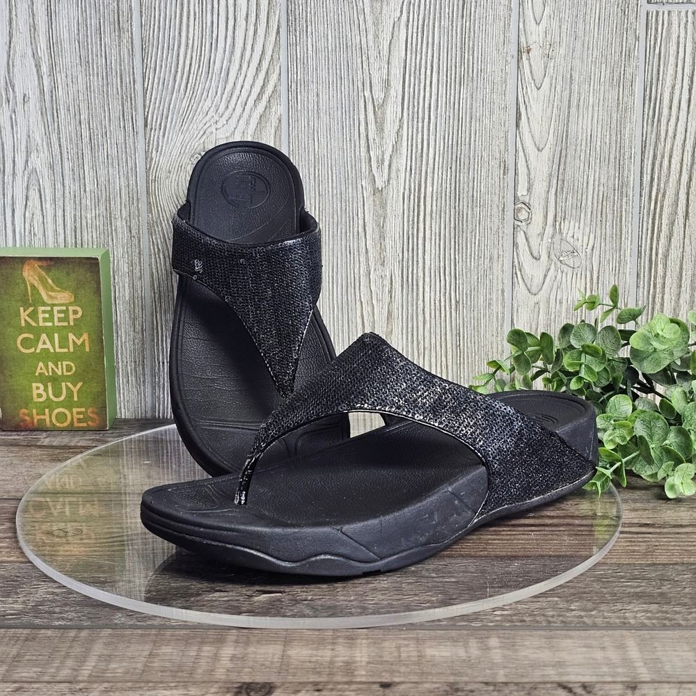 FitFlop Black Shimmer Thong Sandals Women's 8–8.5* Comfort Athleisure **READ**